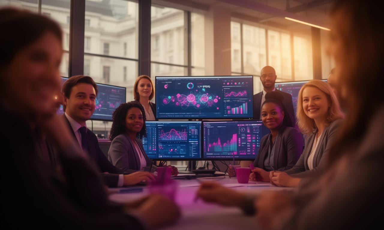 Team of professionals collaborating in a high-tech office environment